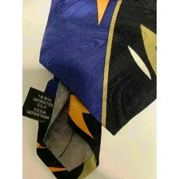 Albert Nipon Mens Silk Necktie Made In USA Geometric Pattern Black/Blue/Yellow - Picture 4 of 7